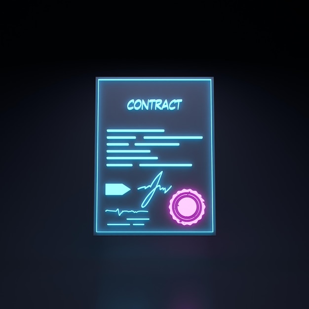 Contract neon icon on black background The concept of cooperation 3d render illustration