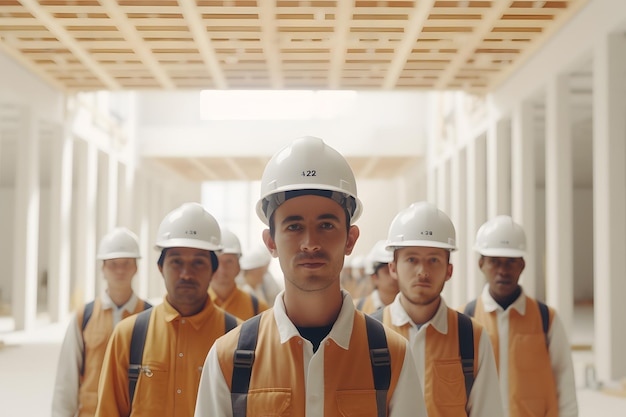 contractor builder worker wearing helmet cunstruction site background