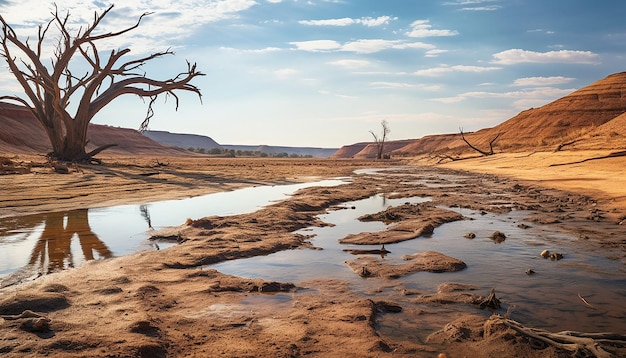 Photo the contrast between dry arid land and a waterrich oasis