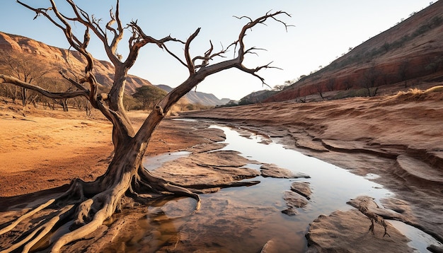 Photo the contrast between dry arid land and a waterrich oasis