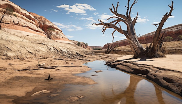 Photo the contrast between dry arid land and a waterrich oasis