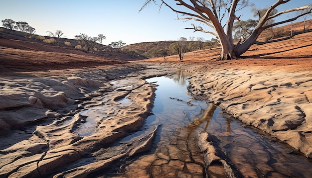 Photo the contrast between dry arid land and a waterrich oasis