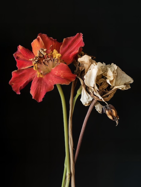 Photo contrast between fresh and withered flowers on dark background