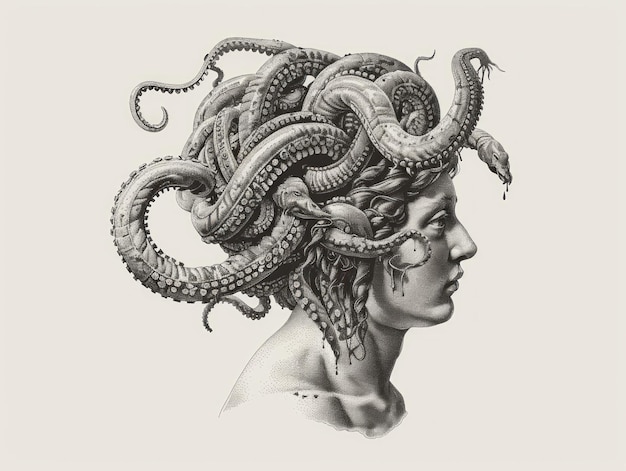 Photo contrast monochrome sketch of gorgon medusa sketch with pencils and charcoal dust young woman cloth