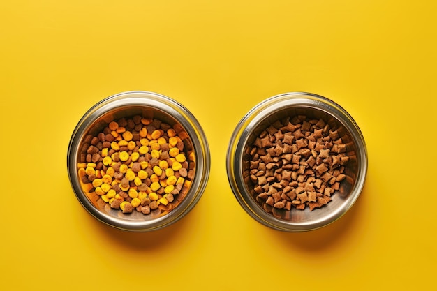 Photo contrasting cat food bowls on yellow background