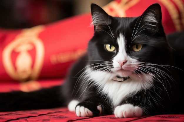 Contrasting Comfort Black and White Cat Resting on a Red Cushion Generative AI