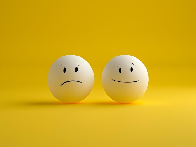 Photo contrasting emotions of happiness and sorrow encapsulated in minimalist ping pong ball icons