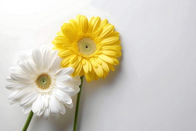 Contrasting Pair White and Yellow Gerberas on a Light Background