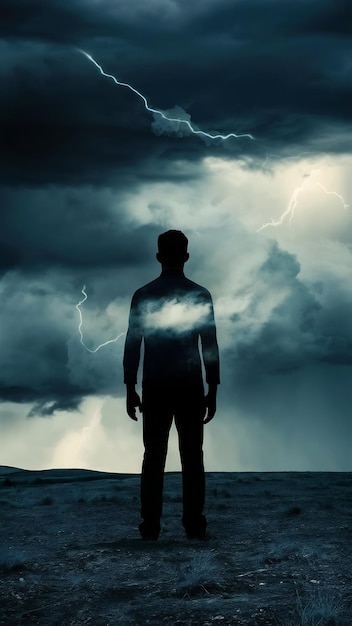 Contrasting silhouette of a man against the backdrop of a storm