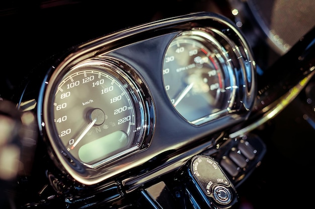 Control panel on modern motorbike close up