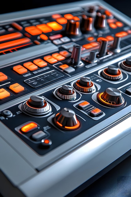 a control panel with orange and black buttons and a red light