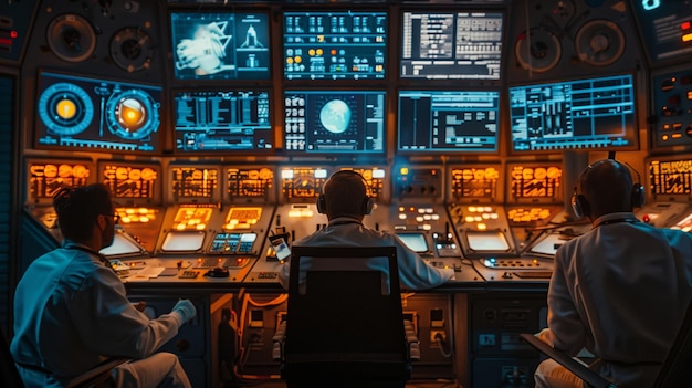 Photo control room operations during a space mission at night with multiple monitors