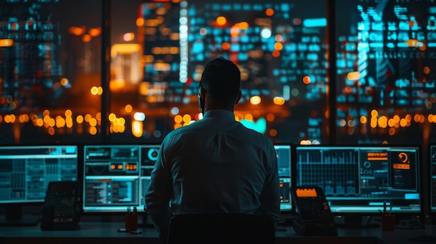 A control room operator monitors multiple screens with a cityscape view in the background