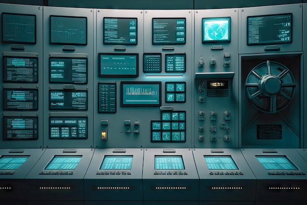 Control room panel in futuristic library data center generative ai