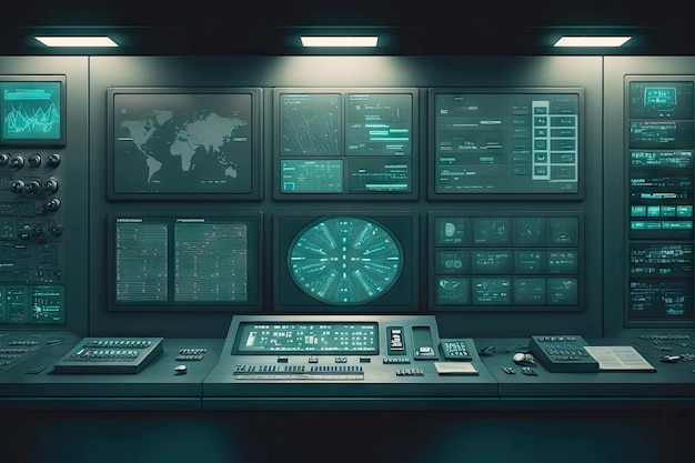 Control room panel in futuristic library data center generative ai