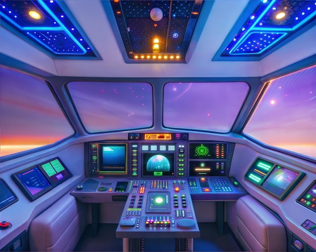 Photo a control room with a blue and purple sky and a plane with a blue and purple lights