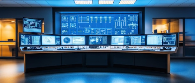 Photo control room with multiple monitors displaying technical data