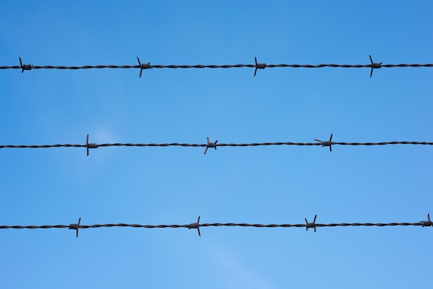 Photo contseptual shot of barbed wire over blue sky