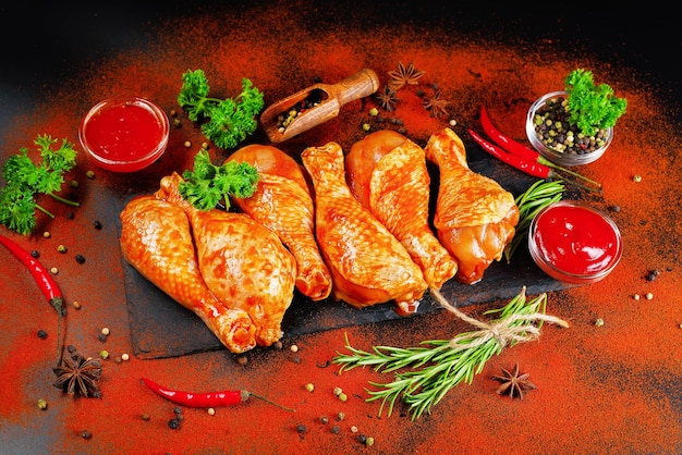 Convenience food precookedRaw Marinated chicken meat legs BBQ dark background