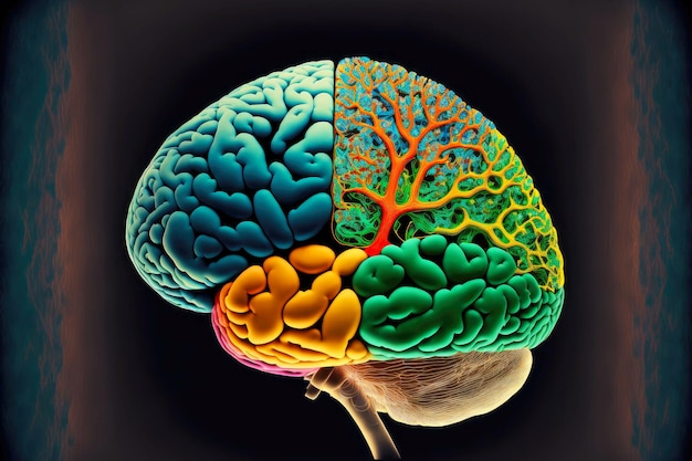 Conventional image of human brain with multicolored convolons and vessels