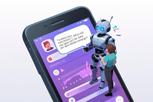 Conversation with Chat Bot Mobile Phone Tiny People Talk with Robot