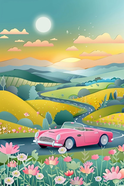 Convertible driving through a countryside landscape with fields of flowers rolling hills and warm sunlight vector paper cut design