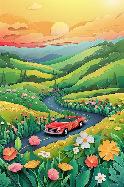 Convertible driving through a countryside landscape with fields of flowers rolling hills and warm sunlight vector paper cut design