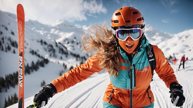 Convey the passion for skiing with an image of a woman fully immersed in the joy of racing down the