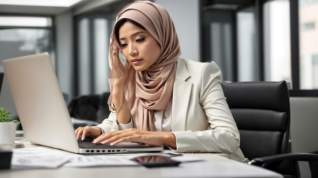 Convey professionalism and style with a highquality stock photo of an Asian businesswoman in a hija