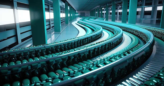 Photo conveyor belt conveyors transporting packed goods in the style of infinity nets