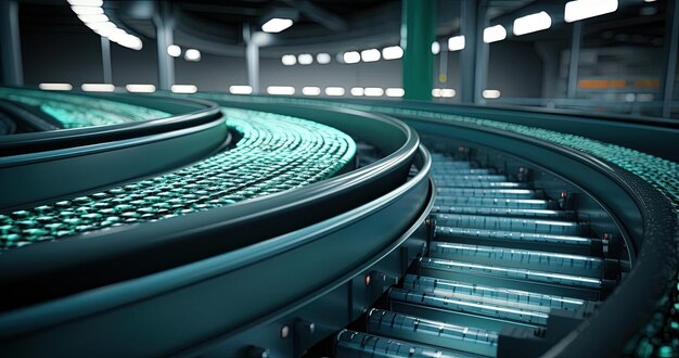 Photo conveyor belt conveyors transporting packed goods in the style of infinity nets