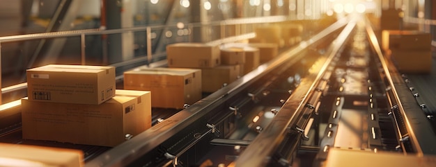 conveyor belt in a distribution warehouse with row of cardboard box packages for ecommerce delivery and automated logistics concepts as wide banner with copysapce area