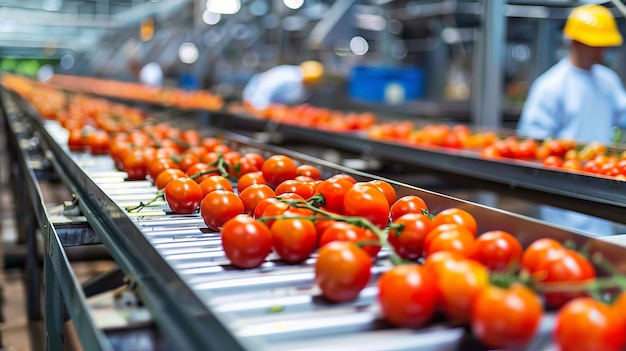 Photo conveyor belt filled with tomatoes