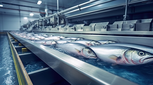 conveyor belt in a fish processing factory plant with a line of fresh salmon trunks