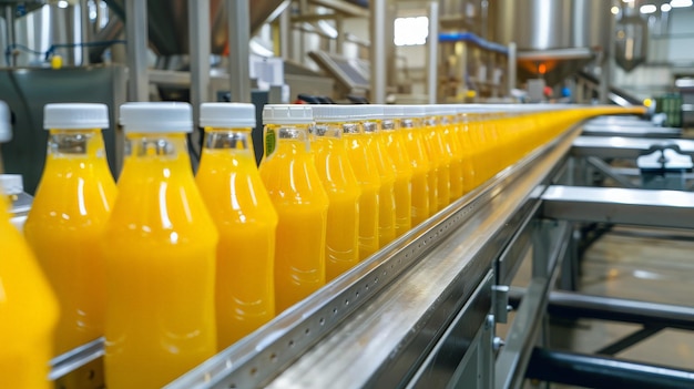 Conveyor belt juice in bottles beverage factory interior industrial production line generative ai