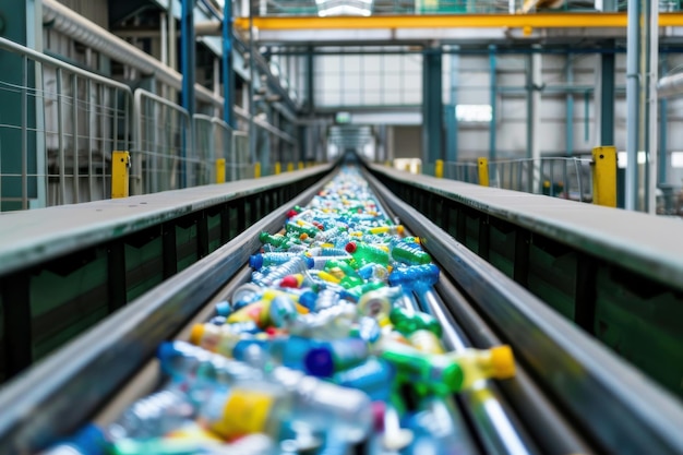 Photo conveyor belt in a recycling facility loaded with multicolored plastic bottles highlighting industrial waste management processes