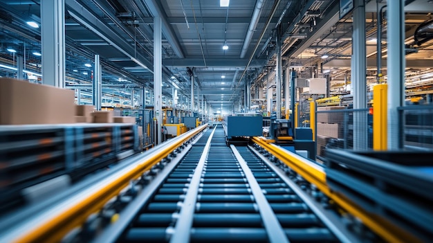 Photo conveyor belt system in industrial warehouse