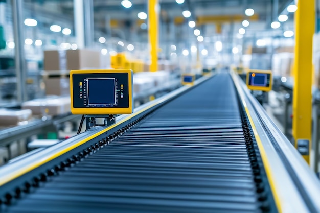 Photo conveyor belt system in a modern warehouse showcasing efficient product movement and logistics operations