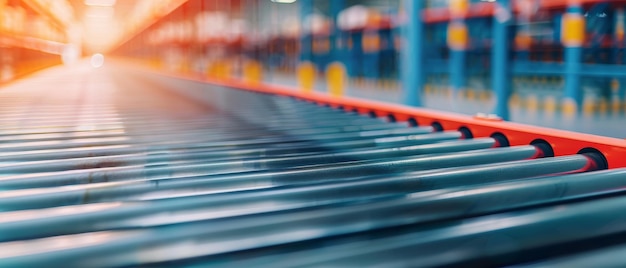 conveyor belt system in a modern warehouse with blurred background of shelving and storage