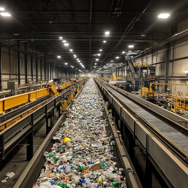 Photo a conveyor belt system in a recycling plant moves a massive amount of plastic bottles cans and other recyclable materials