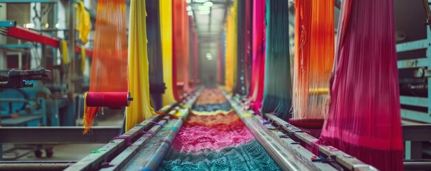 A conveyor belt in a textile dyeing facility with fabrics being colored and dried showcasing the