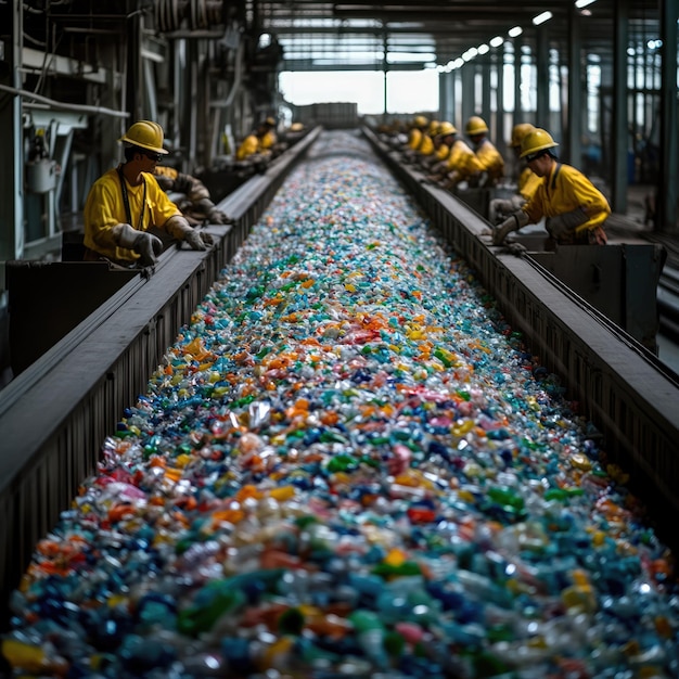 Photo a conveyor belt that feeds plastic to workers who sort it by color