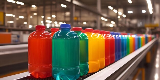 Conveyor belt transporting colorful plastic bottles