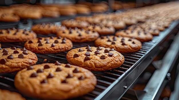 Conveyor belt transporting freshly baked cookies in a factory appetizing closeup