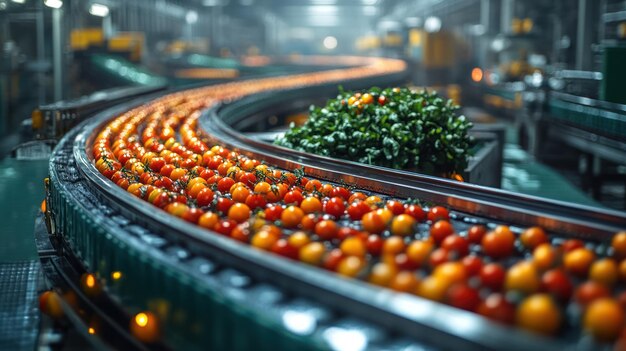 Photo conveyor belt transporting vibrant tomatoes in a processing facility