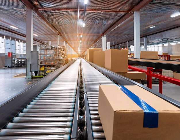 Photo a conveyor belt in a warehouse with packages moving on it