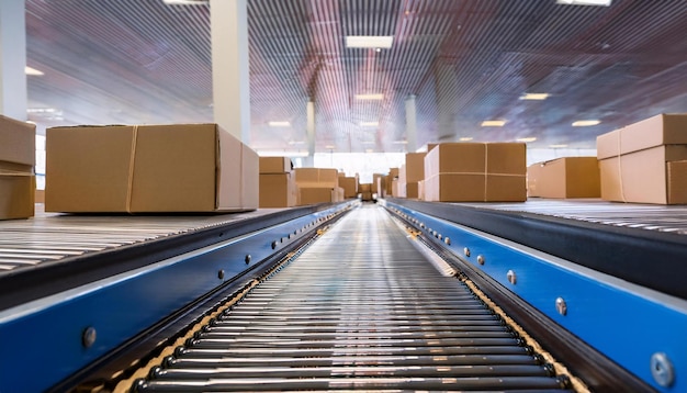 a conveyor belt in a warehouse with packages moving on it