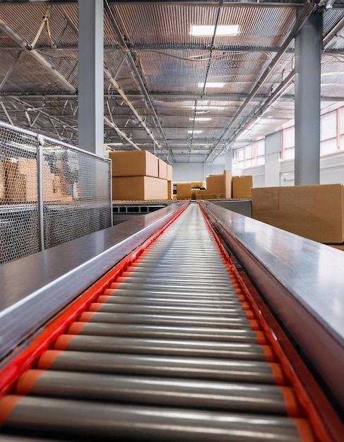 a conveyor belt in a warehouse with packages moving on it