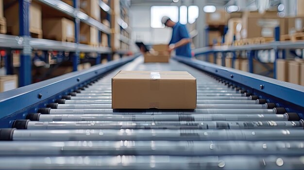 Conveyor belt in a warehouse with a worker in the background