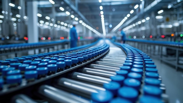 Photo conveyor belt with blue caps in a modern factory